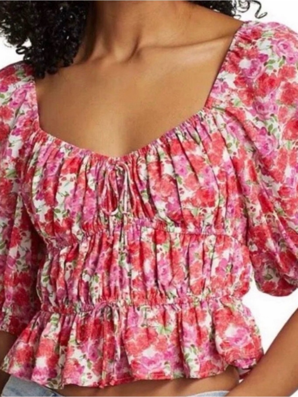 Wayf Pink Floral Puff-Sleeve Crop Top